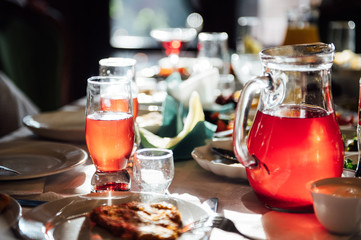catering services background with snacks and glasses of wine on bartender counter in restaurant
