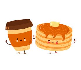 Cute happy funny pancakes and coffee cup