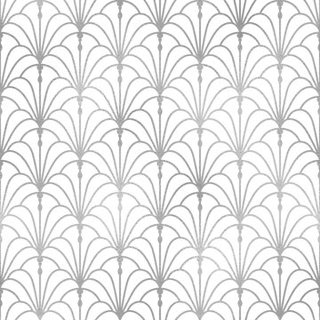 Art deco fan. Silver geometric seamless pattern. Arc deco graphics trellis. Stylish flower repeat background. Nouveau gatsby design prints. Classic Chinese oriental shell texture. Ornate scale. Vector