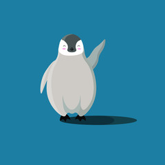 Vector image of a gray penguin happily waving its paw. The baby penguin greeting with a paw gesture.