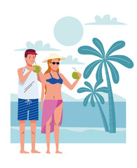 young couple wearing swimsuits drinking coconuts cocktail on the beach scene
