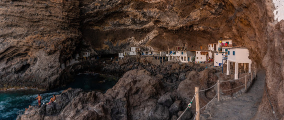 Panoramic view of the houses in the beautiful town of Poris de Candelaria on the north-west coast of the island of La Palma, Canary Islands. Spain