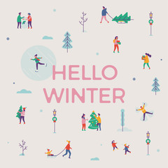 Fototapeta premium Lovely vector 'Hello Winter' banner, poster or postcard template with traditional winter and Christmas season outdoors leisure activities