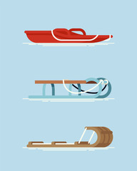 Set of different types of snow sleds. Cool vector flat design on winter season recreational gear. Modern plastic, metal frame and wooden snow sleighs - obrazy, fototapety, plakaty