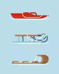Fotobehang Set of different types of snow sleds. Cool vector flat design on winter season recreational gear. Modern plastic, metal frame and wooden snow sleighs © Mascha Tace