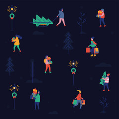 Fototapeta na wymiar Christmas winter season shopping, Vector Black Friday sale minimalistic pattern with abstract people carrying piles of gift boxes, present bags, and xmas trees. Boxing day simple abstract background
