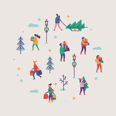 Vector round shaped design element on winter holiday season and Christmas eve festive chores with abstract people carrying gifts and evergreen trees in snowy background