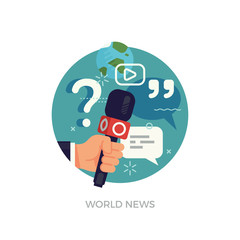 Vector round design element on global news, journalism, live report or interview with hand holding microphone and abstract media icons and symbols. Press conference minimalistic illustration