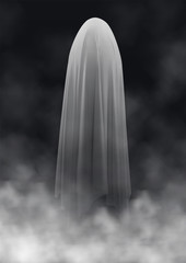 Scary ghost on a dark background in the fog. An evil spirit with a covered sheet. Set of flying transparent spectres. Vector EPS 10