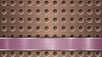 Background of bronze perforated metallic surface with holes and horizontal purple polished plate with a metal texture, glares and shiny edges