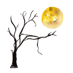 Watercolor hand drawn illustration of dark tree silhouette and full moon isolated on white. Happy Halloween celebration template with blank space for text. Premade template for greeting card, poster