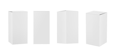 Vector realistic mockup, layout of a rectangular paper box, positioned vertically, front view and perspective view. Vector EPS 10.