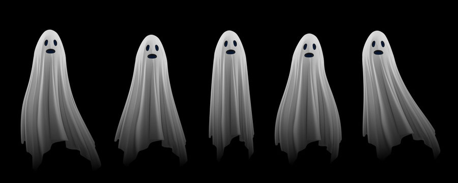 Ghost on a black background. An evil spirit with a covered sheet. Set of flying transparent spectres.  Vector EPS 10 