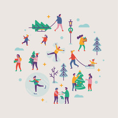 Fototapeta na wymiar Vector winter season round shaped design element on Xmas holidays outdoor activities. Abstract people making snowman, carrying xmas trees on sleigh, carrying gift boxes, ice skating, playing, etc.