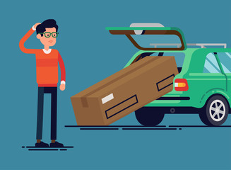 Confused man failed to load large box into car trunk. Vector flat character design on discouraged individual with oversized box that does not fit into his station wagon trunk © Mascha Tace