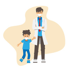 Illustration male doctor and kids wearing face mask design isolate on white background