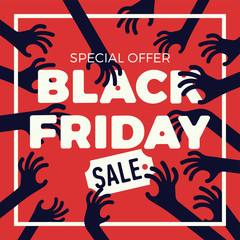 Obraz premium Funny vector Black Friday Sale, Special offer square banner or flyer template with silhouettes of hands reached out