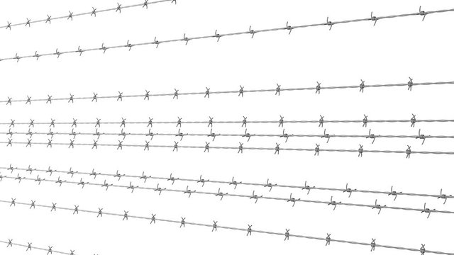 Animation of moving steel metallic barbed wire on white background. Seamless loopable animation.