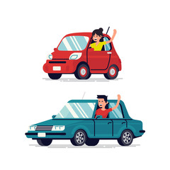 Happy people driving cars and waving hands. Cool flat vector male and female driver characters with cars looking out of windows smiling