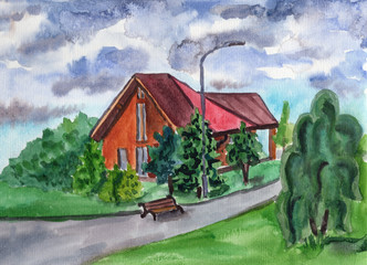 Hand drawn watercolor rural sketch. Brown wooden house in village. Red roof. Countryside garden. Historical architecture. Traditional exterior. Green trees. Gray stormy sky. Post cards and posters