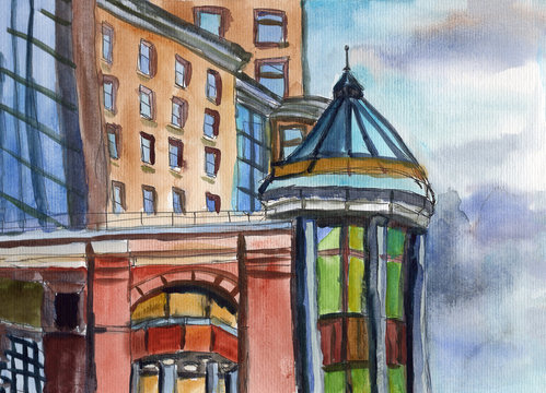Hand drawn urban sketch. Watercolor summer cityscape. European modern building element with windows and tower. House of stone and glass. Street and outdoors. Blue cloudy sky. For post cards and prints