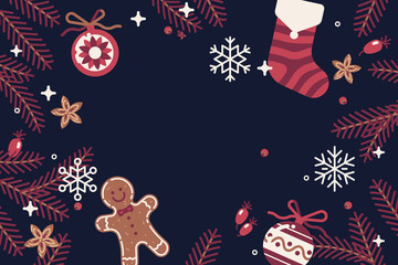 Naklejka premium Vector horizontal background on Winter holidays season with Christmas traditional ornaments and decoration