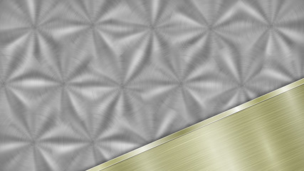 Background consisting of a silver shiny metallic surface and one polished golden plate located in corner, with a metal texture, glares and burnished edge