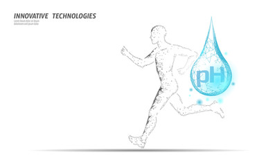 Water aqua pH jogger rehydration concept. Health care against dehydration isotonic electrolytes drink. Runner sportsman low poly 3D vector illustration