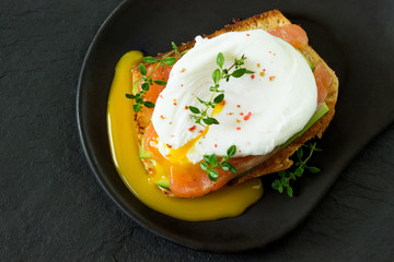 Poached egg with smoked salmon, toasted bread , avocado and coffee on on a black plate. Sandwich for breakfast.