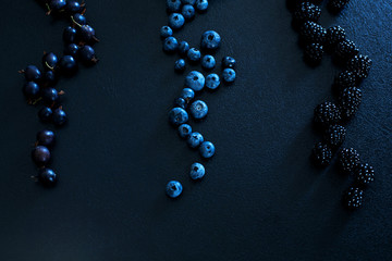 Mix set layout of different types of black berries  on a black table. Stylish seasonal vitamins
