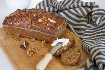 Homemade banana bread on a wood background selective focus