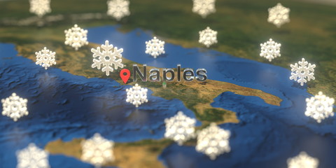 Snowy weather icons near Naples city on the map, weather forecast related 3D rendering