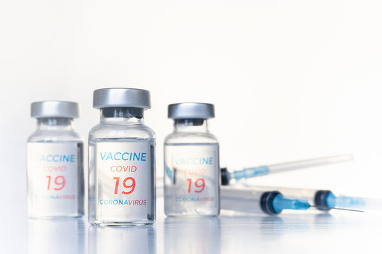 Transparent vials, syringes with new vaccine for covid-19 coronavirus, flu, infectious diseases. Injection after clinical trials for vaccination of human, child, adult, senior. Medicine, drug concept