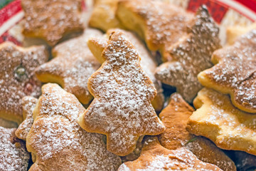 Homemade Christmas tree cookies in a red plate close-up. Diy christmas baking and sweets concept