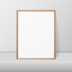 Vector 3d Realistic A4 Brown Wooden Simple Modern Frame on a White Shelf or Table Against a White Wall. It can be used for presentations. Design Template for Mockup, Front View