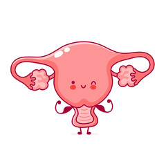 Cute happy funny woman uterus organ show muscle