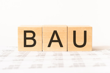 Business Acronym BAU - Business As Usual. Wooden small cubes with letters isolated on white background with copy space available. Business Concept image.
