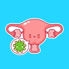 Cute happy woman uterus organ with menstrual blood