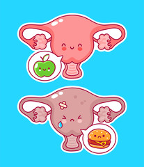 Cute woman uterus organ with apple and burger