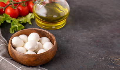 Mozzarella cheese in a wooden bowl, space for text