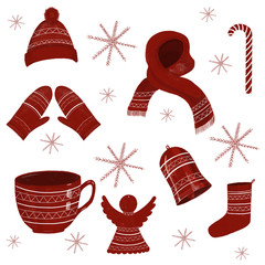 Winter set holiday elements in red colors. Hand drawn hat, mittens, scarf, bell, candy cane, angel, cup, snowflakes. Great for media, cards, wrapping paper, textile, stickers and decorations