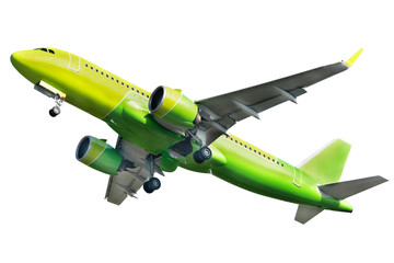 A big yellow jet is taking-off on white background, isolated.