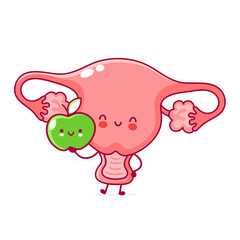 Cute happy funny woman uterus organ with apple
