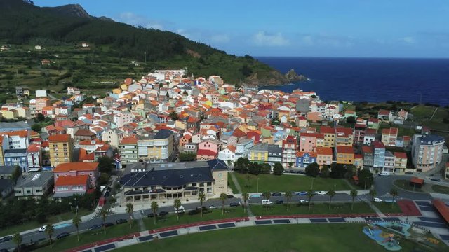 Cariño, coastal village with beach in A Coruña. Galicia,Spain. Aerial Footage