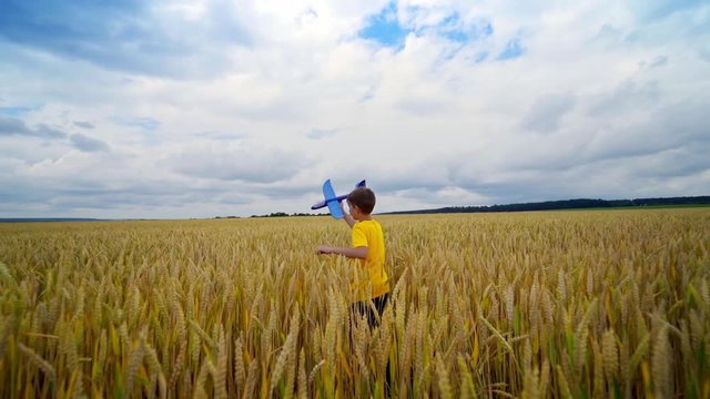 Little children with toy airplane in a field. Success and child leader concept. Boy dreams of becoming a pilot. Video from a side.