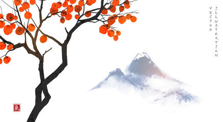 Kakibaum mit großen Orangenfrüchten und fernen blauen Bergen. Übersetzung von Hieroglyphe - Lebensenergie. Vektorillustration im japanischen Stil. © elinacious