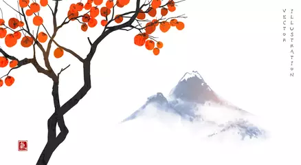 Kakibaum mit großen Orangenfrüchten und fernen blauen Bergen. Übersetzung von Hieroglyphe - Lebensenergie. Vektorillustration im japanischen Stil. © elinacious