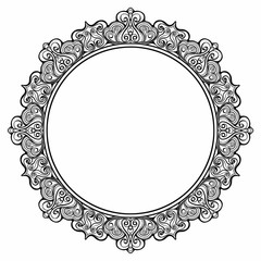 A circular Indian-style pattern with many symmetrical curls and an empty center piece. 2D illustration