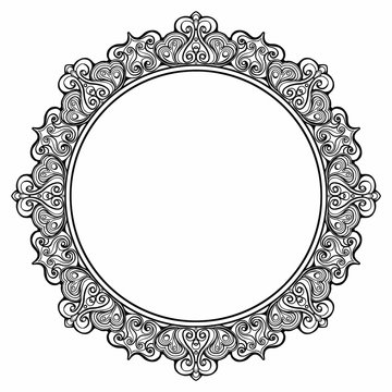 A circular Indian-style pattern with many symmetrical curls and an empty center piece. 2D illustration
