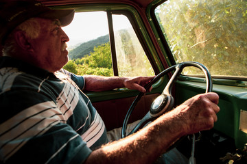 Inside view closeup detail of old man driving vintage pickup car in nature. Trees and vegetation visible outside through the glass window. Coffee production fair trade storytelling concept.